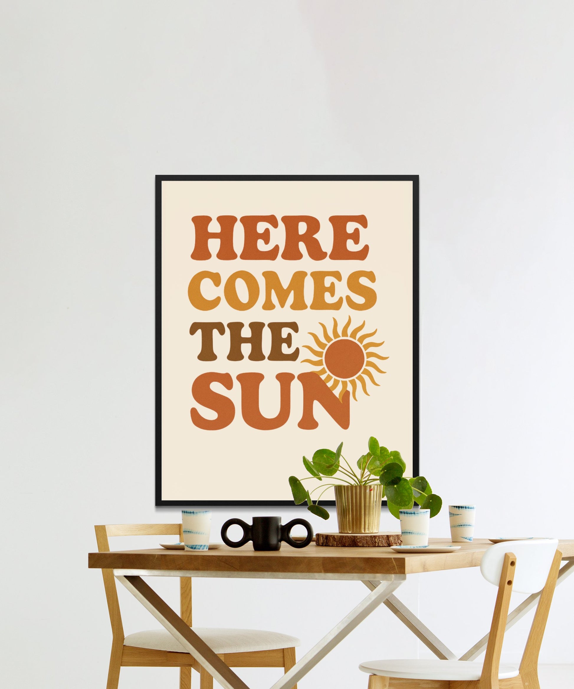 Here Comes the Sun Wall Art Print, Vintage Style Sun Poster, Minimalist Home Decor, Retro Sunburst Artwork for Living Room or Office