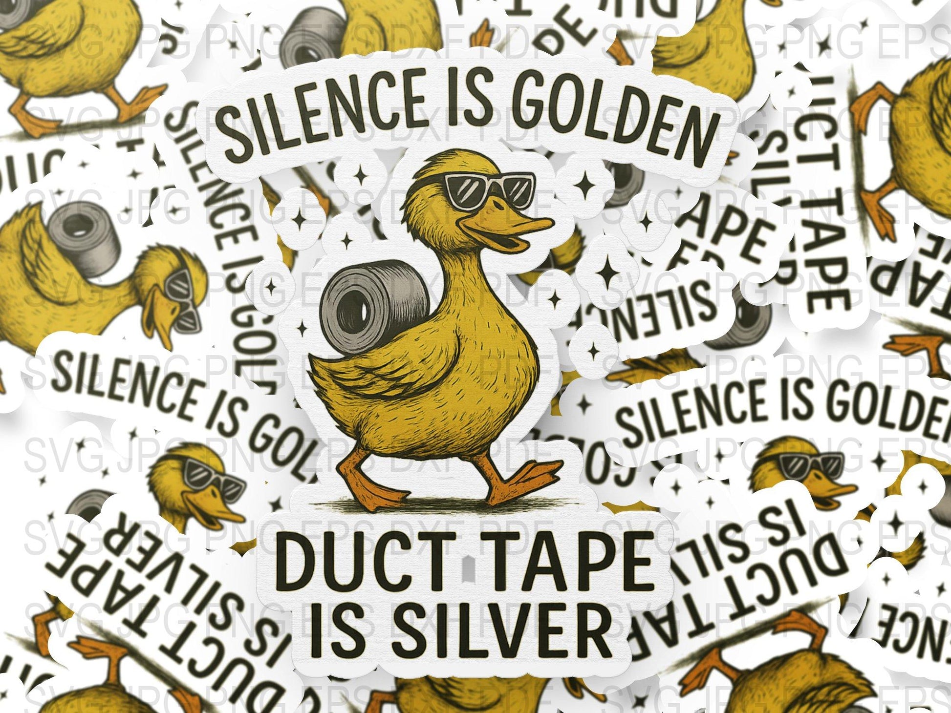 Duck Sticker Pack, 'Silence is Golden, Duct Tape is Silver' Quirky Humorous Decals, Waterproof Vinyl, Bulk Sticker Sets for Crafting and