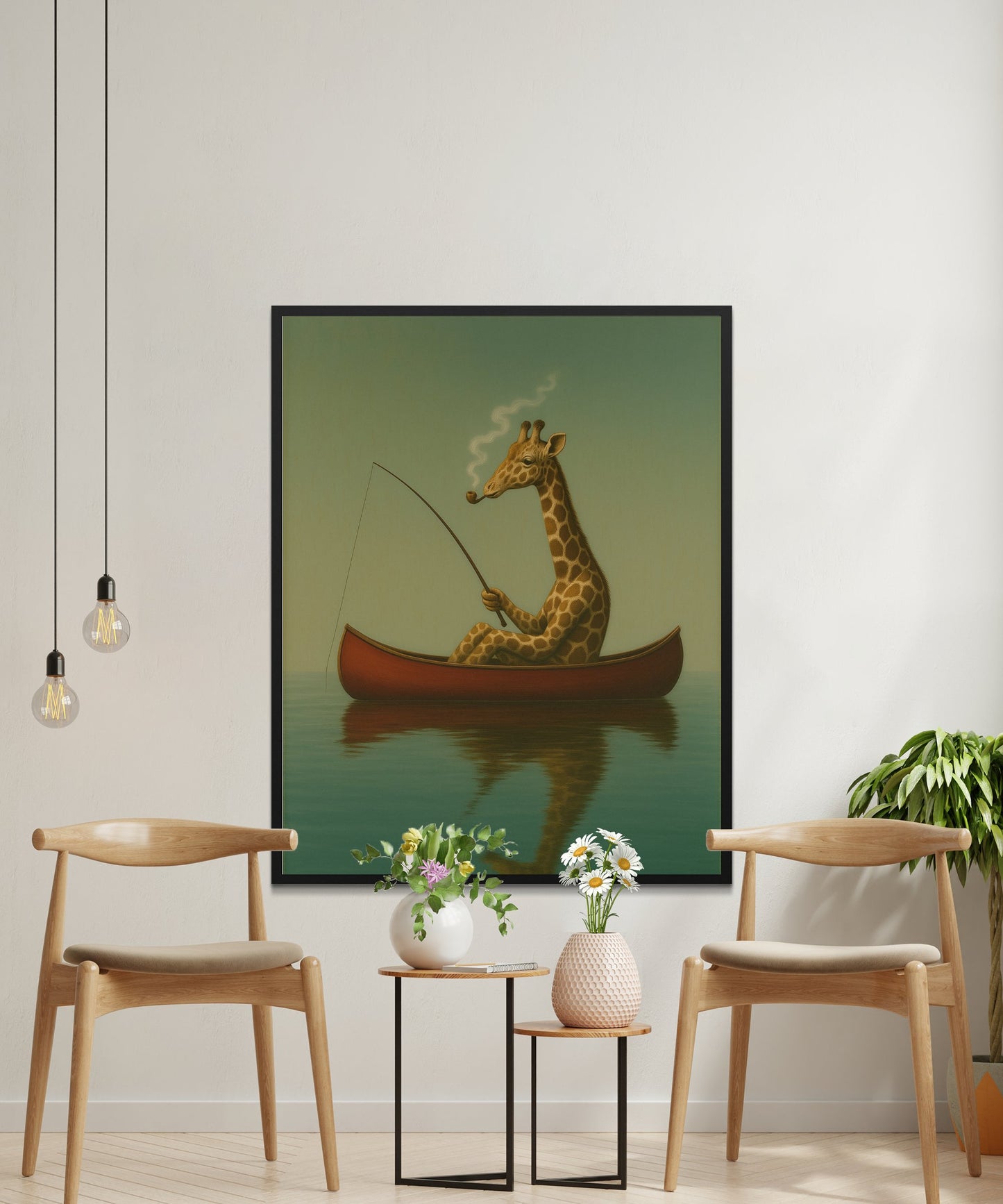 Whimsical Giraffe Fishing Art Print, Vintage Style Boat Lake Wall Decor, Unique Living Room Illustration