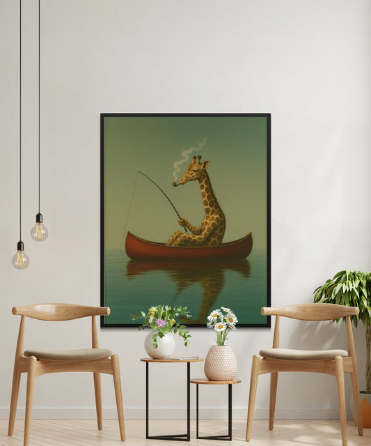 Whimsical Giraffe Fishing Art Print, Vintage Style Boat Lake Wall Decor, Unique Living Room Illustration