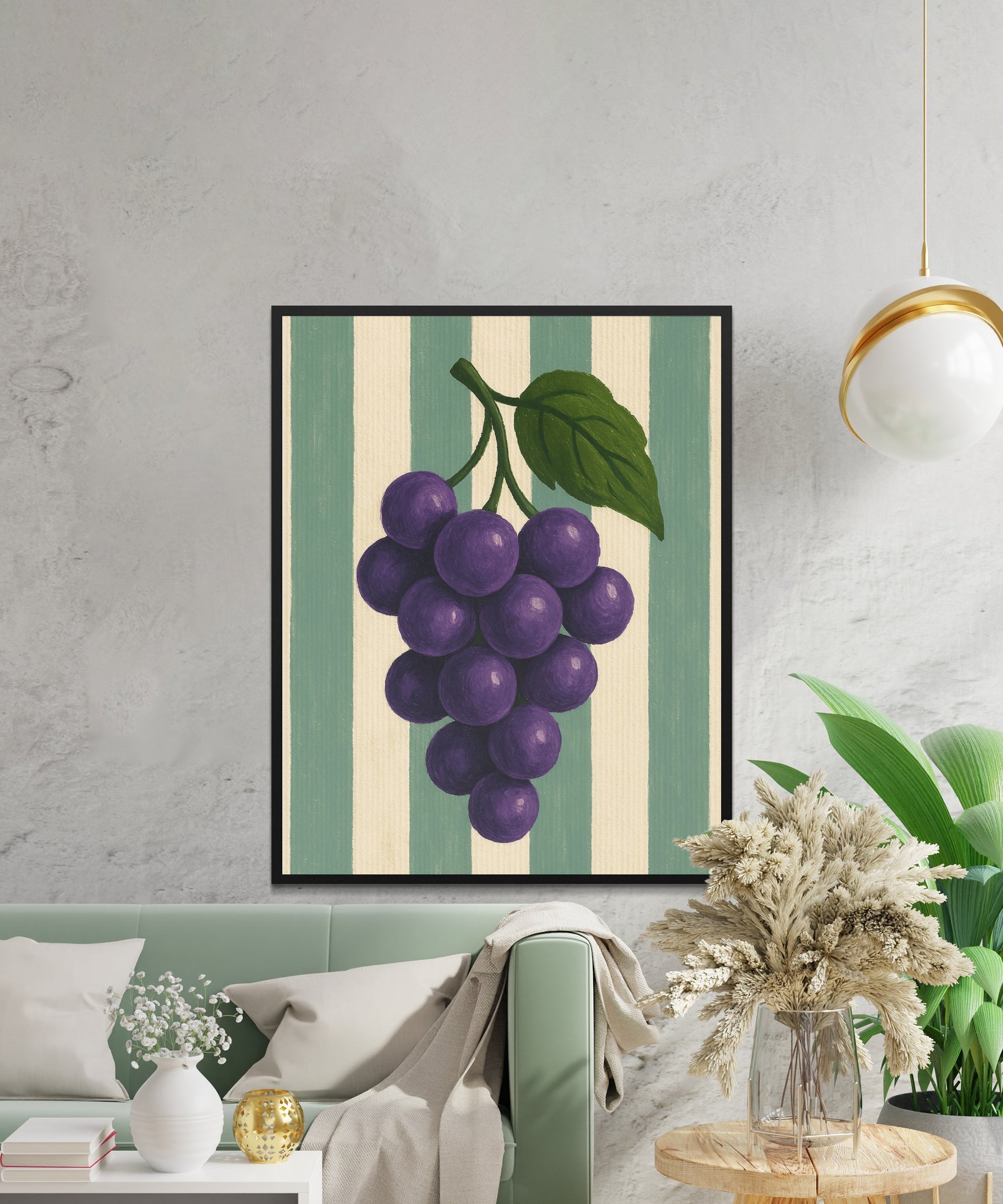 Purple Grape Cluster Art Print, Vintage Botanical Illustration, Kitchen Wall Decor, Framed Canvas Painting for Home
