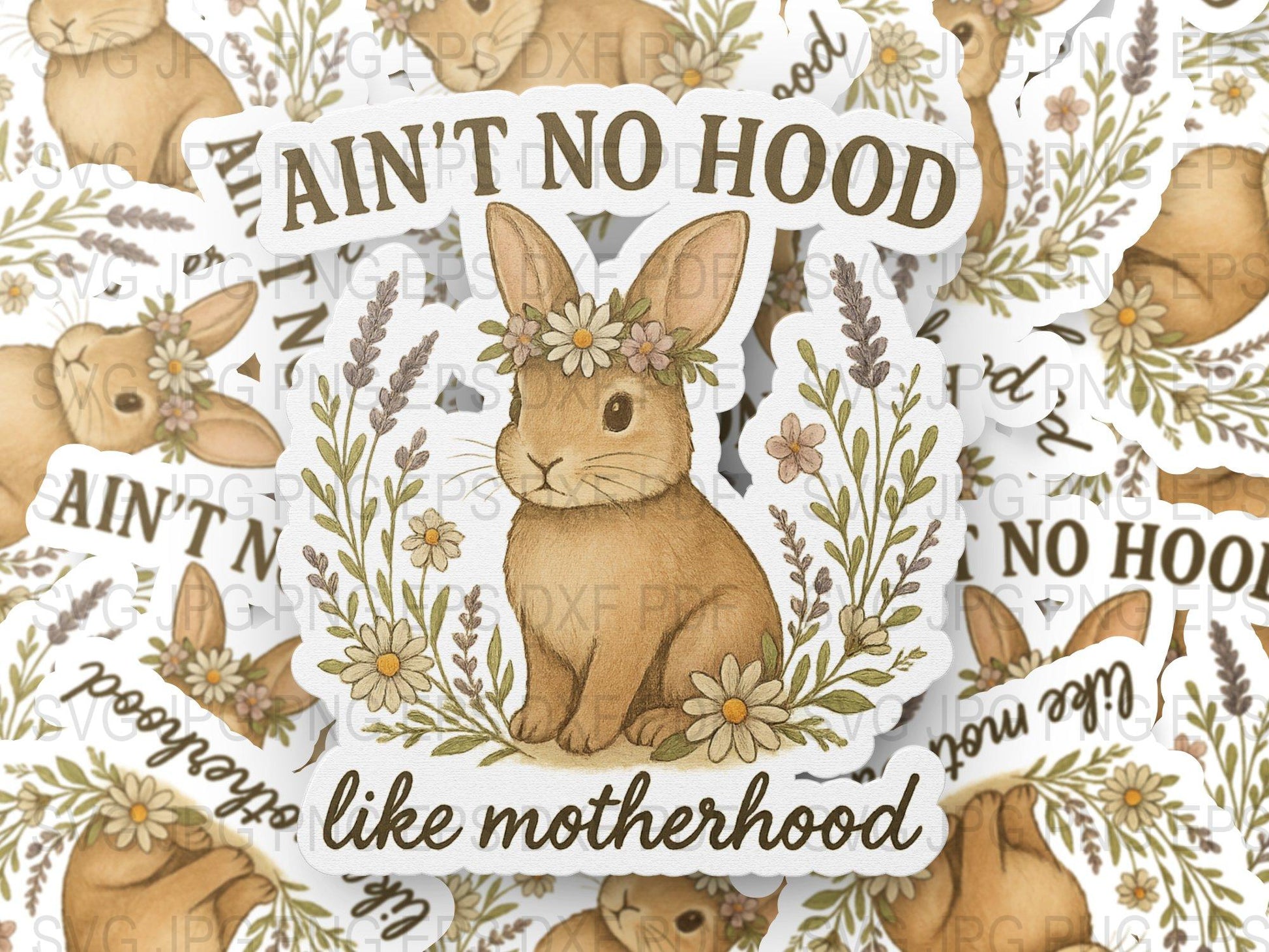 Ain't No Hood Like Motherhood Bunny Sticker, Floral Rabbit Decal, Cute Animal Mother's Day Gift, Decorative Waterproof Rabbit Label