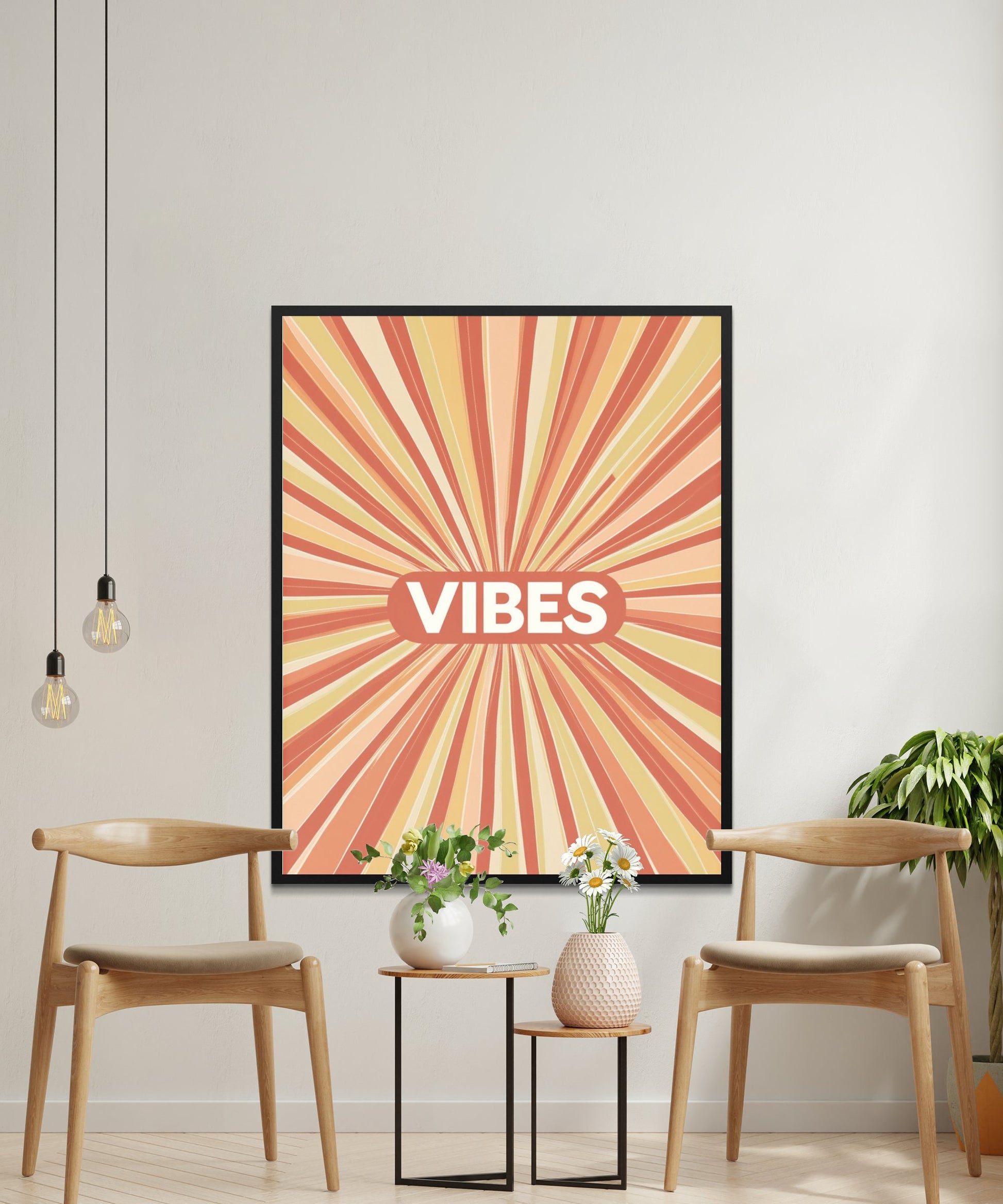 Retro Vibes Wall Art, Vintage Radiating Lines Poster, Bold Typography Home Decor, Unique Living Room Statement Piece