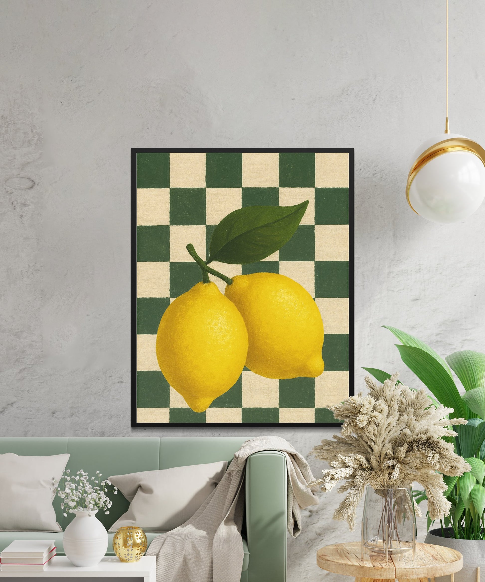 Yellow Lemons Art Print, Modern Citrus Kitchen Decor, Checkerboard Background, Wall Art