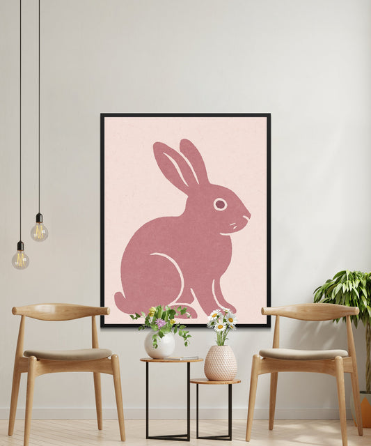 Modern Pink Rabbit Wall Art, Minimalist Bunny Poster, Nursery Decor, Animal Print