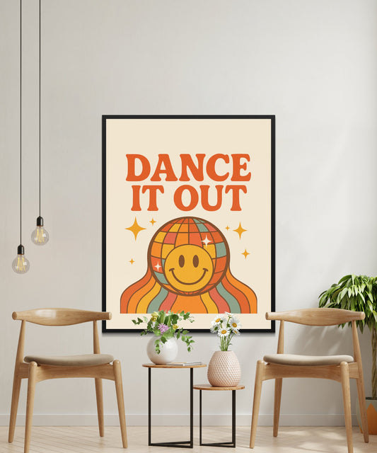 Dance It Out Poster, Retro Smiley Face Wall Art, Cheerful Home Decor Print