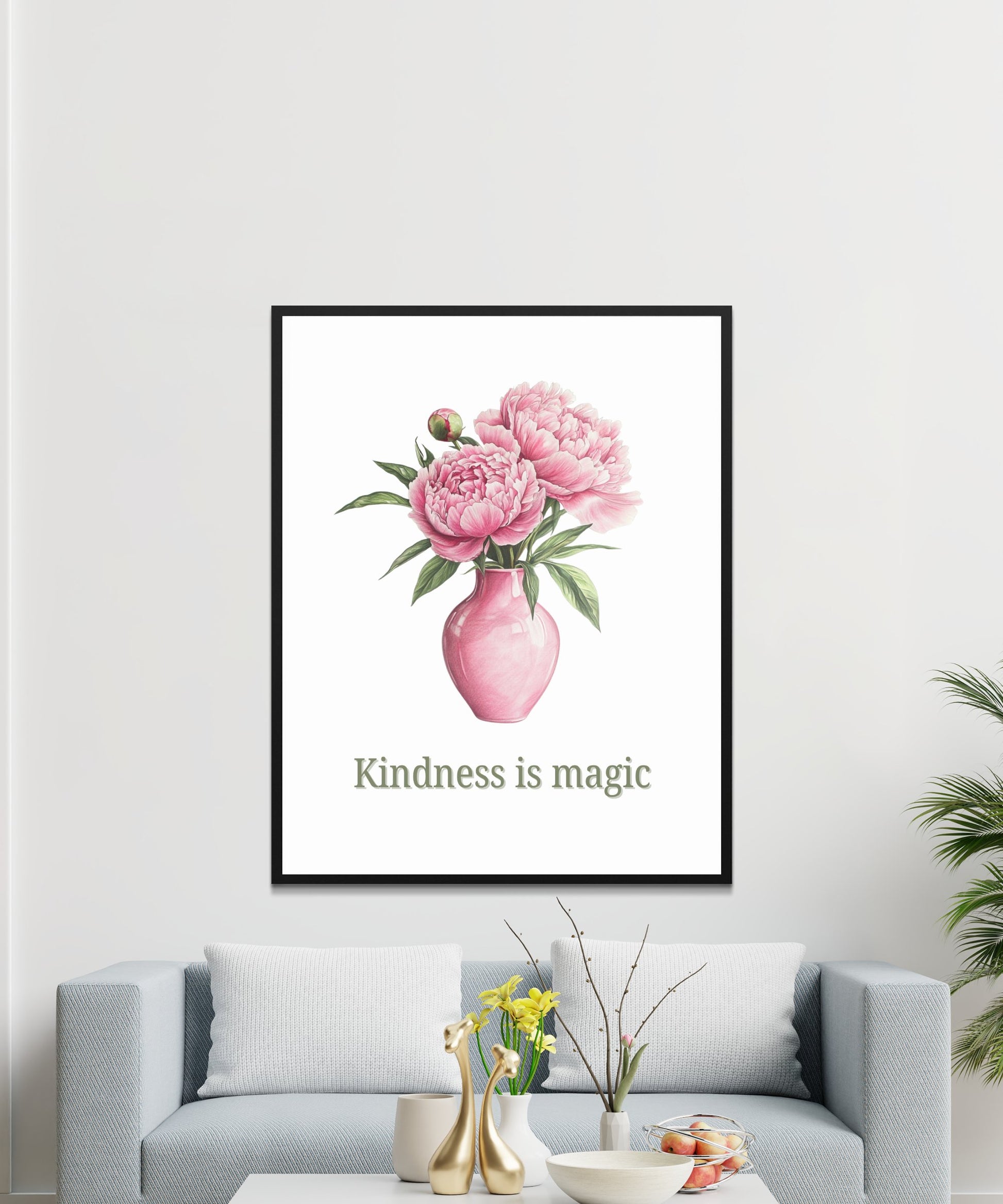 Kindness is Magic Peony Wall Art, Floral Print, Inspirational Quote Home Decor, Pink Flower Poster for Living Room or Bedroom