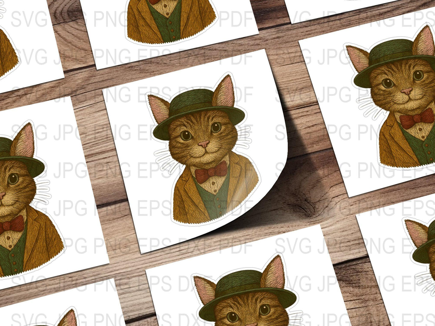 Vintage Cat Illustration Stickers, Gentleman Cat with Hat, Cute Animal Labels, Crafting Supplies, Scrapbooking, Set of 10 Stickers
