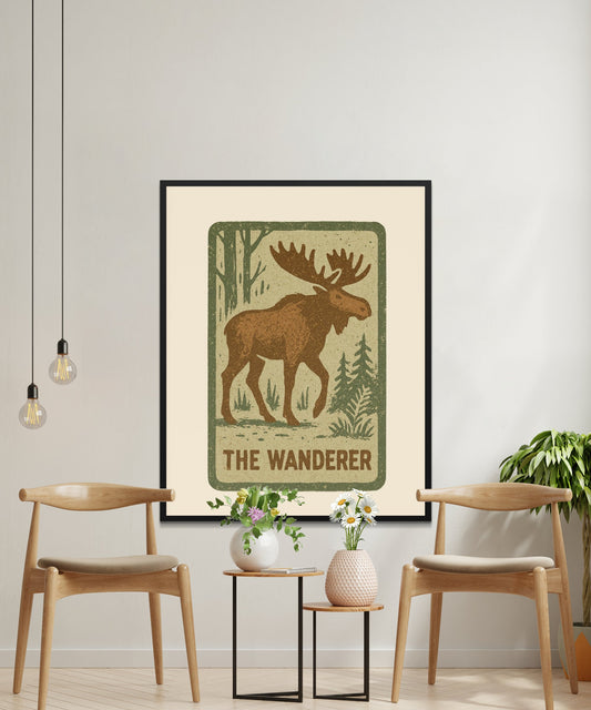 Vintage Moose Poster, Rustic Forest Wall Art, The Wanderer Print, Cabin Decor, Wildlife Illustration, Nature Home Decor