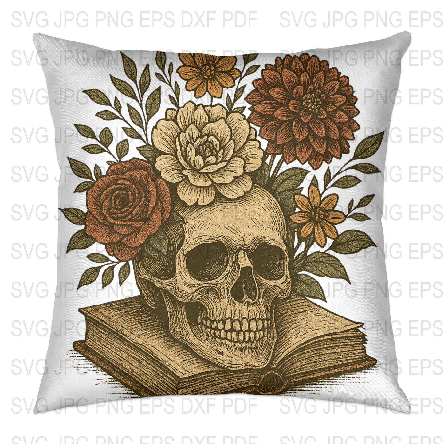 Skull and Flowers Print Cushion Cover, Gothic Home Decor, Floral Skull Pillow, Vintage Art Throw Pillow