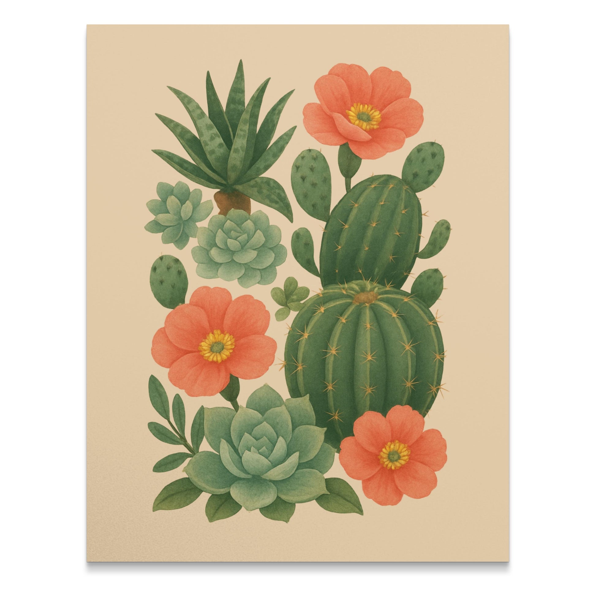 Botanical Art Print, Cactus and Succulents with Flowers, Vintage Style Wall Decor, Nature Illustration
