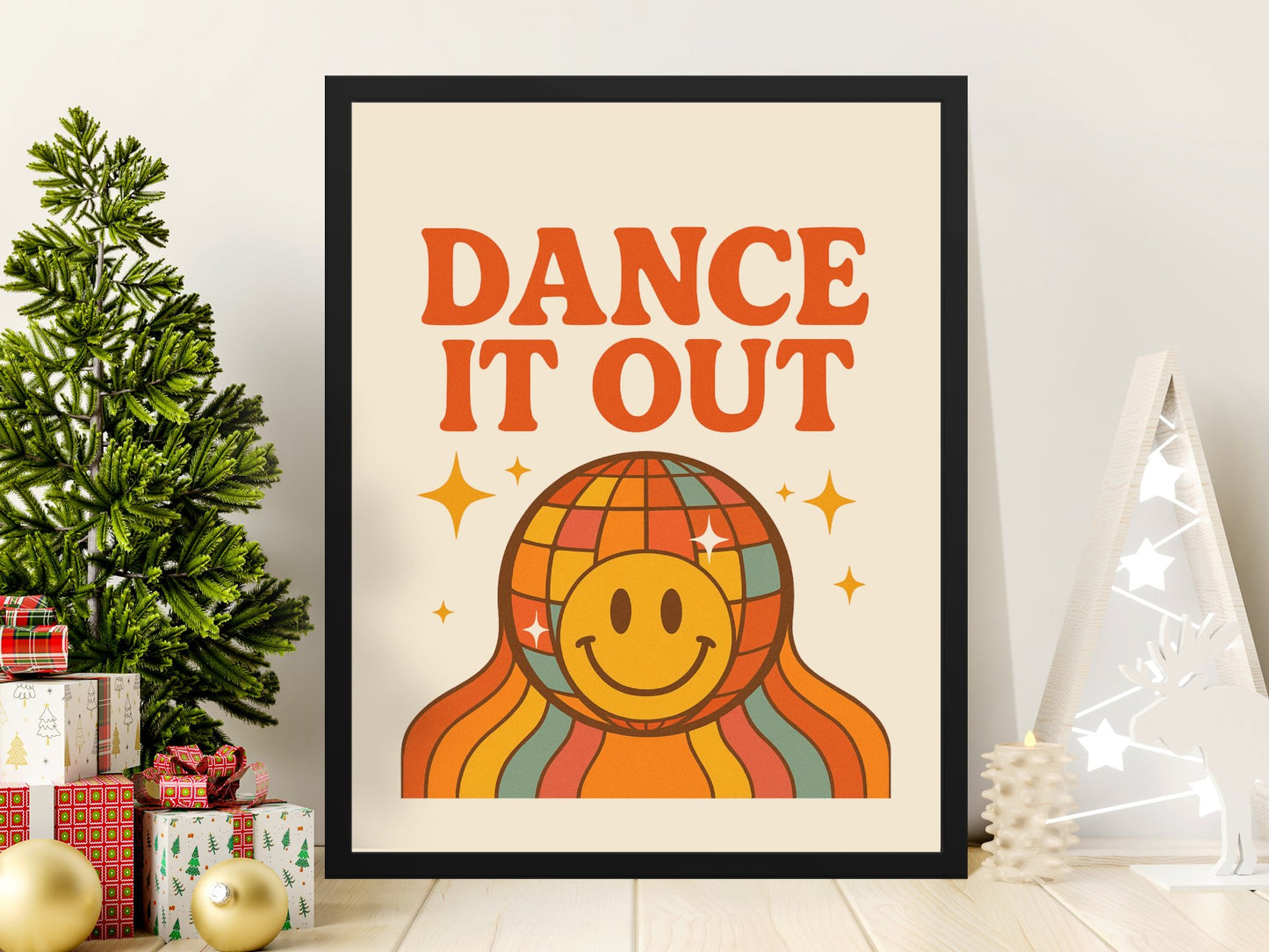 Dance It Out Smiley Face Poster, Retro Disco Ball Wall Art, Colorful Home Decor Print